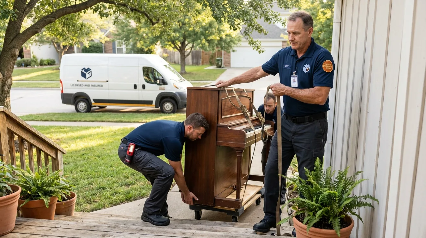 Licensed piano movers securing grand piano in Imperial, CA